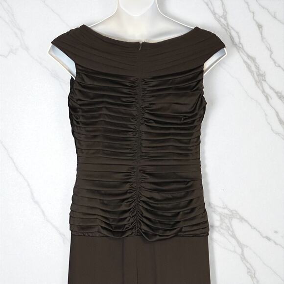 Vintage Y2K Tadashi Silk Evening Gown 12 Rhinestone Brooch V Neck Ruched Dress - Picture 10 of 12